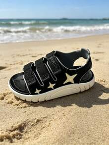 Sandalias cómodas con cierre de gancho y bucle con decoración de estrellas para niños, zapatos planos de playa para estudiantes de talla grande, adecuados para primavera y verano - Negro - Ver 7