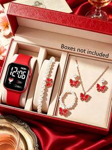 6 piezas Reloj deportivo para niñas con pantalla digital de corazón rojo LED con conjunto de joyería de mariposa con cuentas, para uso diario - Rojo - Ver 7
