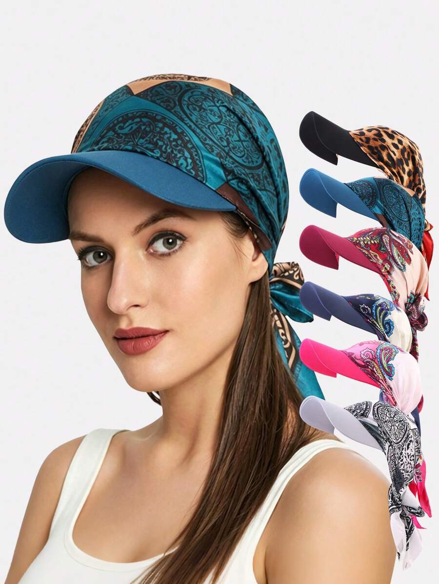 1pc Women's Satin Printed Square Scarf Visor Hat, Outdoor Sun Shading Bandana Hat, Suitable For Daily Use