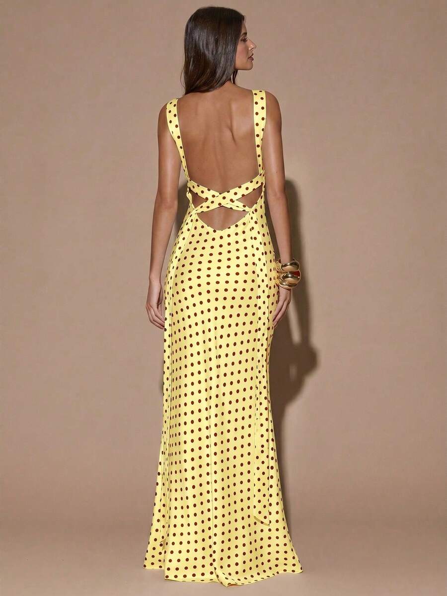 fsvsSHEIN  Vestido de tirantes con escote en V profundo y espalda descubierta, de unicolor amarillo/crema, de estilo minimalista y sexy, adecuado para fiestas, cócteles, ocasiones formales, dama de honor, cumpleaños, Navidad y casual de negociossdvs KE52 - Amarillo - Ver 1
