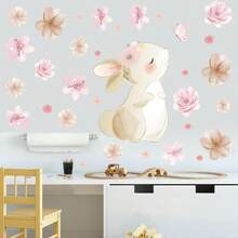 Cute Rabbit, Butterfly & Floral Cartoon Wall Stickers, Self-Adhesive Wallpaper Decor For Bedroom, Nursery - A - View 1