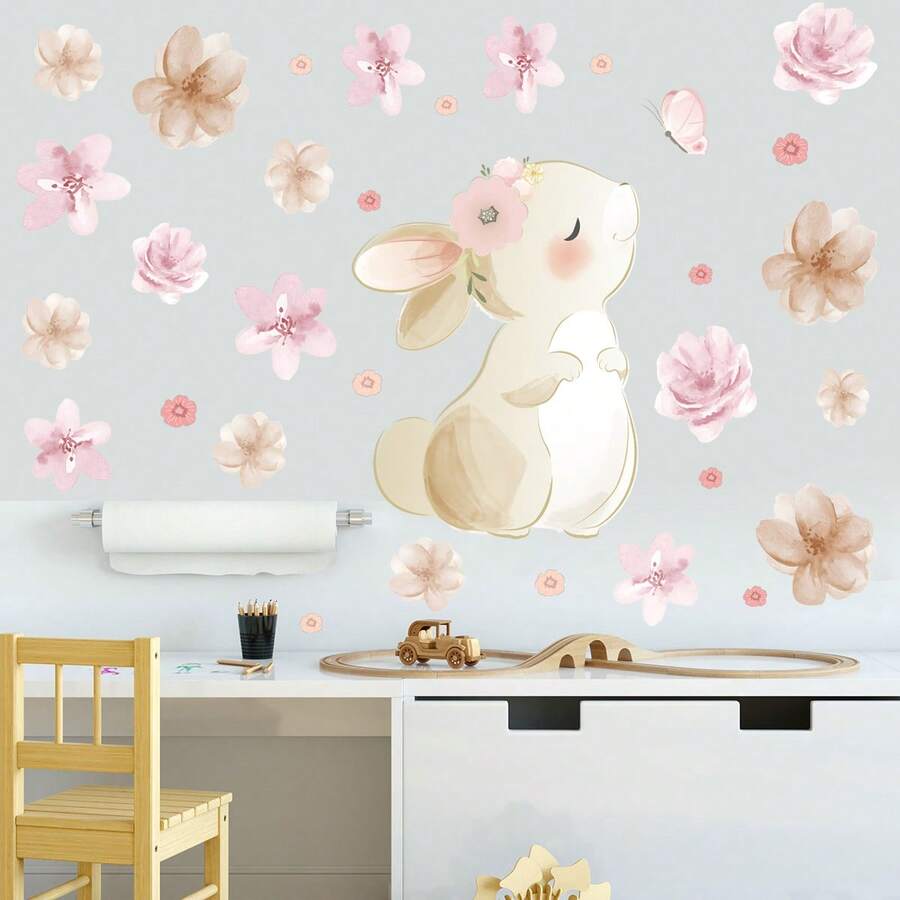 Cute Rabbit, Butterfly & Floral Cartoon Wall Stickers, Self-Adhesive Wallpaper Decor For Bedroom, Nursery - A - View 1
