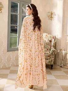 Elegant Embroidered Long Robe, Stand Collar, Pearl Embroidery, Batwing Half Sleeves, Soft Fabric Suitable For Parties And Formal Events - Apricot - View 2