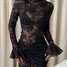 MewMuse. PETITE Vestido mini de encaje transparente y sexy color borgoña, adecuado para citas diarias, salidas nocturnas, discotecas, fiestas, reuniones, fiestas de cóctel, fiestas de piscina, otoño/invierno - Marrón Chocolate - Ver 5