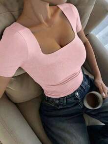 Blusa de manga corta y cuello redondo casual y elegante, adecuada para uso diario, ir al trabajo y salir, primavera/verano - Rosa - Ver 5
