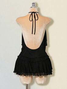 ICON Vestido mini con volantes en capas, escote halter y espalda descubierta para mujer - Negro - Ver 5