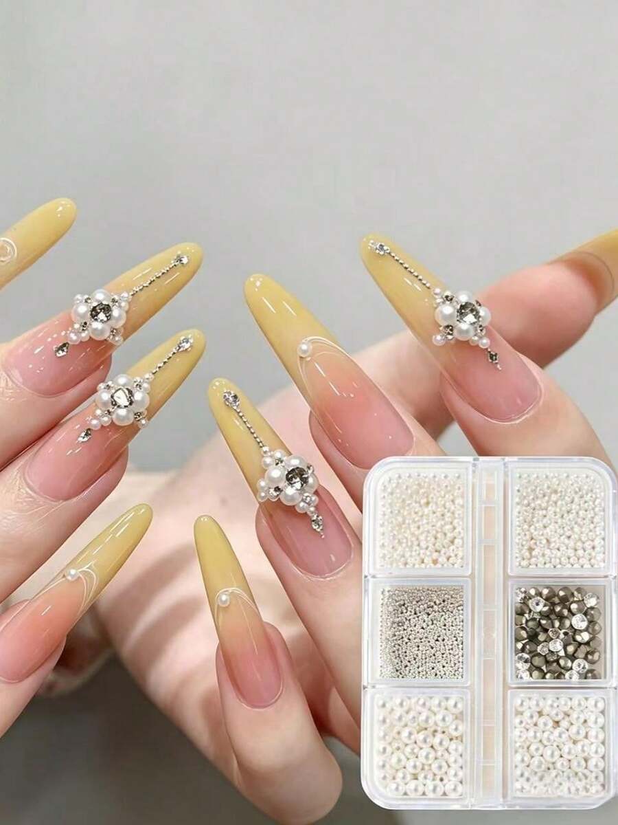 6-Grid Pearl Pointed Bottom Rhinestone Nail Art Decoration Set, Assorted White Pearls & Silver Rhinestones, Luxury Nail DIY Accessories - Multicolor - View 1