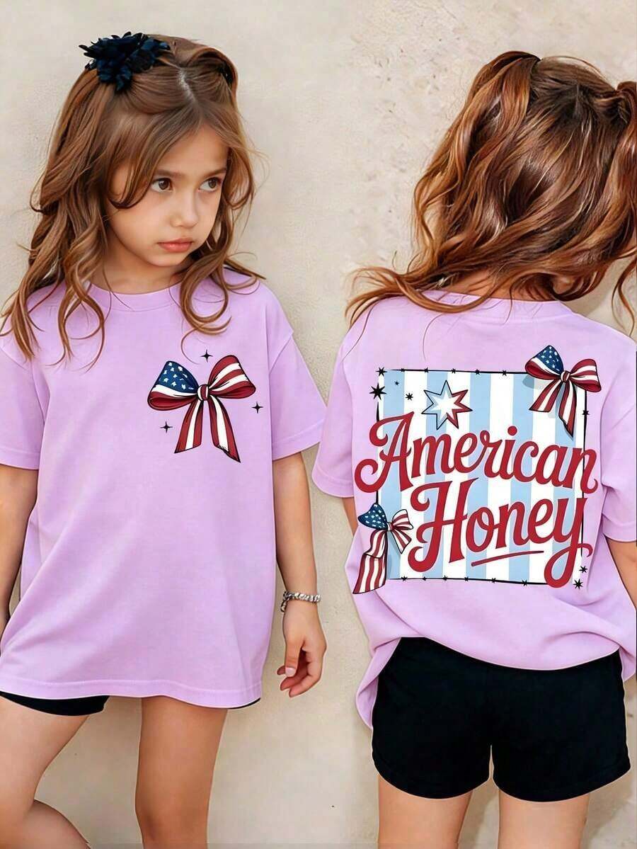 American Honey Kids' Short Sleeve T-Shirt With 4th Of July Cartoon Print, 180g, Soft, Comfortable And Breathable, Suitable For All Seasons, Perfect For Boys And Girls For Everyday Wear, School And Casual Sportswear. An Ideal Crew Neck T-Shirt For Holiday Parties, Gatherings, Outdoor Activities And Travel. - 淡紫色 - 查看 1