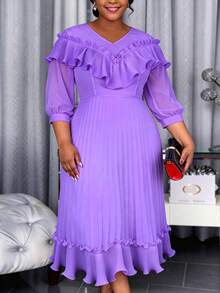 Plus Size Women's Lavender V-Neck Summer Chiffon Pleated A-Line Double-Layer Dress With Ruffle Hem, Sheer Puff Sleeves, Elegant Mid-Length Wedding Guest, New Year Party Dress - Purple - View 3