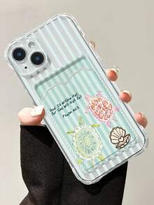 條紋海龜彩繪透明卡夾式柔軟矽膠全機身保護手機殼，適用於 iPhone、Galaxy - 彩色 - 查看 1