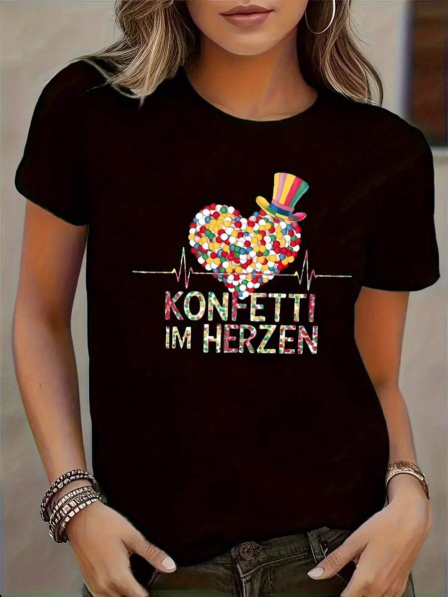 Modern Style T-Shirt With Heart Print - Black - View 1