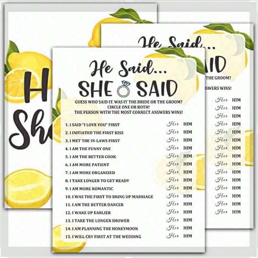 Bridal Shower Games - Lemon Theme Engagement Party Game Cards For Wedding, Bachelorette Party - Citrus Lemon Bridal Shower Decorations - He Said She Said - 30 Cards(A02) - A - 查看 1