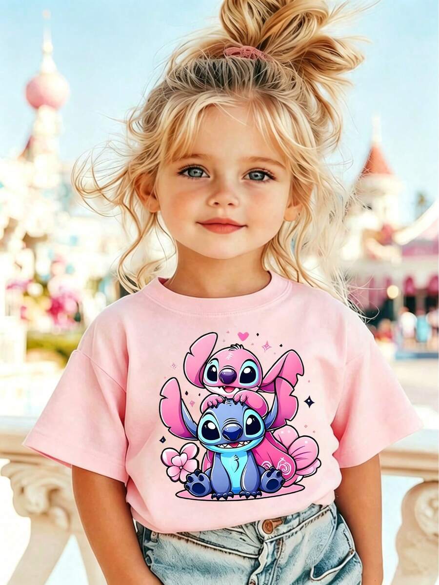 Girls' Disney Lilo & Stitch T-Shirt, Featuring Stitch And Angel Couple With Hearts, Flowers And Sparkles Print, Pink Casual Cotton Short Sleeve Tee For Fans And Everyday Wear, Ideal For Disney Trips, Gifts And Valentine's Day - Hồng - Xem 1