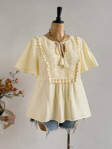 Rusttydustty Plus Size Women's Bohemian Yellow Ruffle Sleeve Blouse, Suitable For Vacation And Daily Wear Summer - Light Yellow - View 5