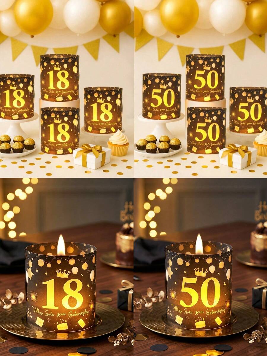 6/12件套生日主题灯罩装饰，黑色金色18/50岁生日桌饰，生日装饰，派对背景装饰，18岁生日快乐装饰，DIY蜡烛罩，50岁生日装饰，烛台，桌面装饰，家居装饰，派对礼品，发光派对用品（不含灯和蜡烛）