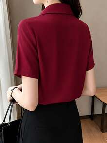 Women's Summer Silk Short Sleeve Designed Chic Hong Kong Style Satin Blouse - Redwood - View 6