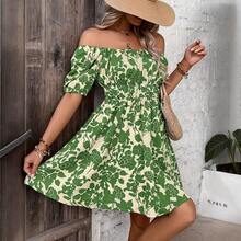 New Printed Casual Off-Shoulder Dress, Short-Sleeved Loose Floral Print Dress - Blue - View 5