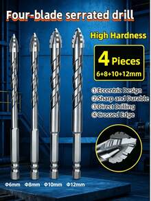 5件組 4槽鑽頭套組 (6+6+8+10+12mm)，由高硬度鎢鋼製成，配有六角柄。適用於電動鑽機和無線鑽機，完美適用於鑽孔玻璃、混凝土、大理石和木材，耐磨且耐用。 - 四刃鋸齒鑽頭 - 查看 3
