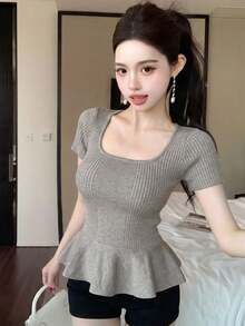 New Spring/Summer Korean Style Women's Slim Fit Chiffon Ruffle Trim Knit Top - Gray - View 3