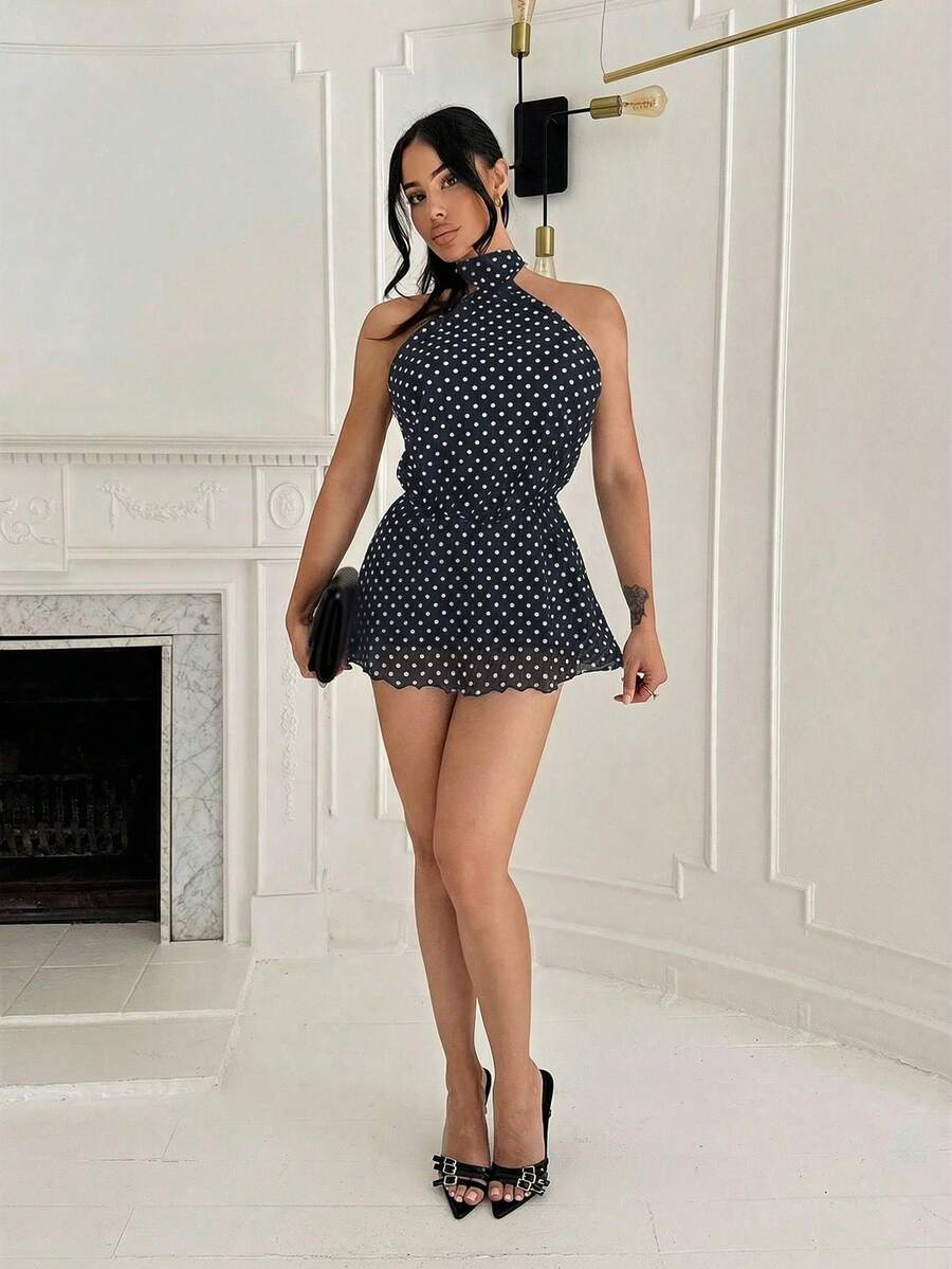 Shopreo Vestido de tirantes mini con espalda descubierta y estampado de lunares elegante para mujer 8A86 - Negro - Ver 1