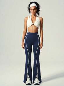 UONNOU Women's U Back Sports Bra & High Waist Side Double Contrast Strip Split Hem Flare Leggings, Ultra Soft High Elastic Peach Butt Lifting Fitted Two Piec - Navy Blue - View 6