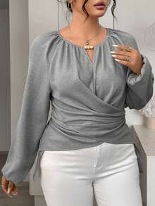 Plus Size Women Woven Long Sleeve Wrap Top, Asymmetric Hem, Back Tie Design - Grey - View 2