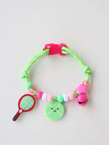 1pc Handmade Contrast Color Sports Style Pet Collar, Adjustable For Cats & Dogs, Cute Tennis Racket & Ball Acrylic Pet Accessory With Bell Pendant - Green - View 4