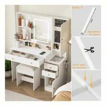 Tocador de Maquillaje Negro con Espejo LED, Mueble de Maquillaje con Cajones, Armario para Joyas y Taburete para Dormitorio Multifuncional Tocador Con Espejo Luces Y Silla 4 Cajones - Blanco - Ver 7