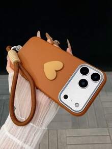 1 Set Funda de Teléfono Color Marrón Sólido con Colgante de Corazón & Cordón Estilo Minimalista de Moda Compatible con Múltiples Modelos de Smartphone Anti-Caída Anti-Deslizante Anti-Rayones Cubierta Protectora Duradera Estilo Coquette Accesorio de Teléfono Regalo - Marrón - Ver 2