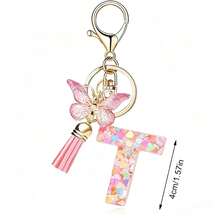 Llavero con letra, borla y colgante de mariposa, para billetera, mochila, bolso de mano - Multicolor - Ver 15