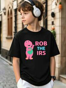 Camiseta casual infantil con estampado gráfico, tejido de calidad, cuello redondo, corte holgado, cómoda, estilo adorable, a la moda, estampado a doble cara. - Negro - Ver 3
