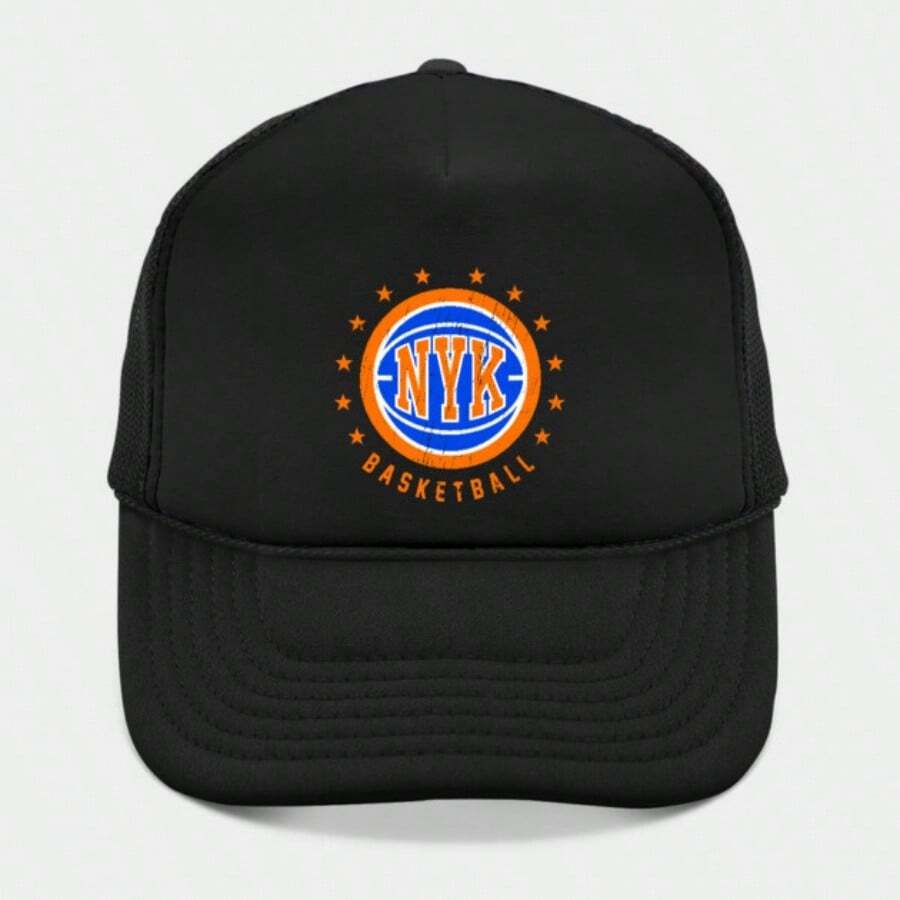 1PC New York Knicks NYK Vintage Basketball Logo Print Trucker Hat, Summer Retro N BA Fan Style Breathable Mesh Cap, Adjustable Casual Baseball Cap For Men And Women, Perfect For Game Days, Casual Outings, And Streetwear - 黑色 - 查看 1