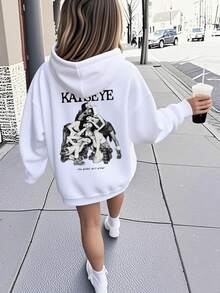 青少年女孩趣味印花衛衣，保暖舒適刷毛內裡連帽套頭衛衣，適合秋冬穿著 - 白色 - 查看 2