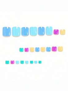 24pcs Elegant Dopamine Color Solid Nail Stickers, Fashionable Blue, Purple, Yellow, Green Candy Colors Toenail Stickers For Women And Girls, Comes With 1pc Jelly Gel And 1pc Nail File. Jelly Gel Color Is Randomly Shipped. Nails - Multicolor - View 2