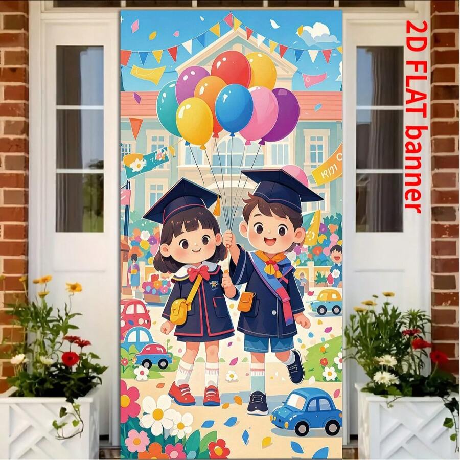 這款2D平面橫幅由聚酯纖維材質製成,適用於畢業派對、幼兒園和國小裝飾、學校生日派對裝飾、室內外使用、花園圍欄,且無需電力。 - 多色 - 查看 1