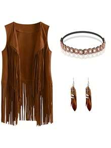 60s 70s Outfits For Women Festival Boho Outfit Set Brown Fringe Vest, Feather Earrings & Beaded Headband Disco Hippie Costume Clothes Vest Brown - Brown - View 15