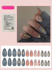 24片中号杏仁形美甲贴纸，蓝色法式美甲贴片，金色闪粉点缀，饰以太阳和星星图案，简约风格，适合女性和女孩日常佩戴，中东节日风格美甲用品 - 彩色 - 查看 2