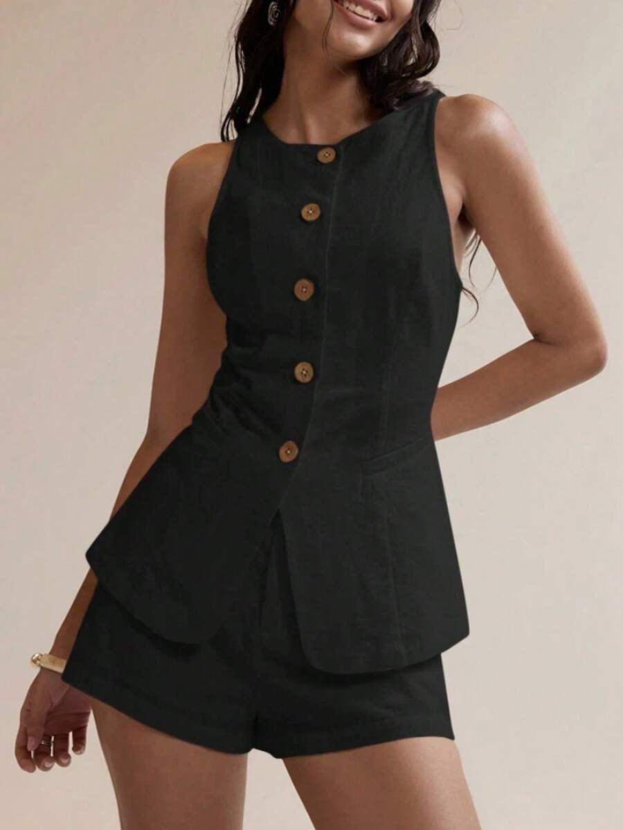 2026 Luxury Linen French Relaxed Suit Set – Sleeveless Blazer Vest & Slit Shorts Two Piece - 黑色 - 查看 1