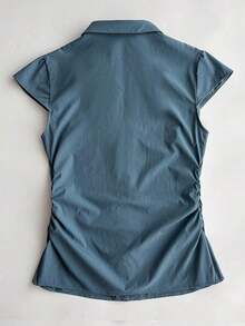 Nueva blusa azul de mujer con cuello en V, plisada y de manga corta, para verano - Azul - Ver 5