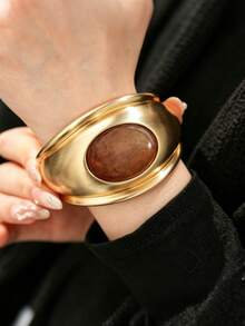 1 Stück vintage minimalistisches gebürstetes goldenes Armband mit ovalem Tigerauge Stein, elegantes Nischenzubehör für den täglichen Gebrauch und festliche Anlässe - Armband - Übersicht 4