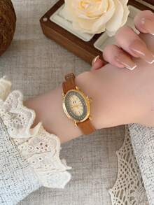 1 buah Jam Tangan Quartz Kasual Elegan Wanita Bentuk Oval dengan Angka Romawi, Cocok untuk Pemakaian Sehari-hari - Coklat - View 4