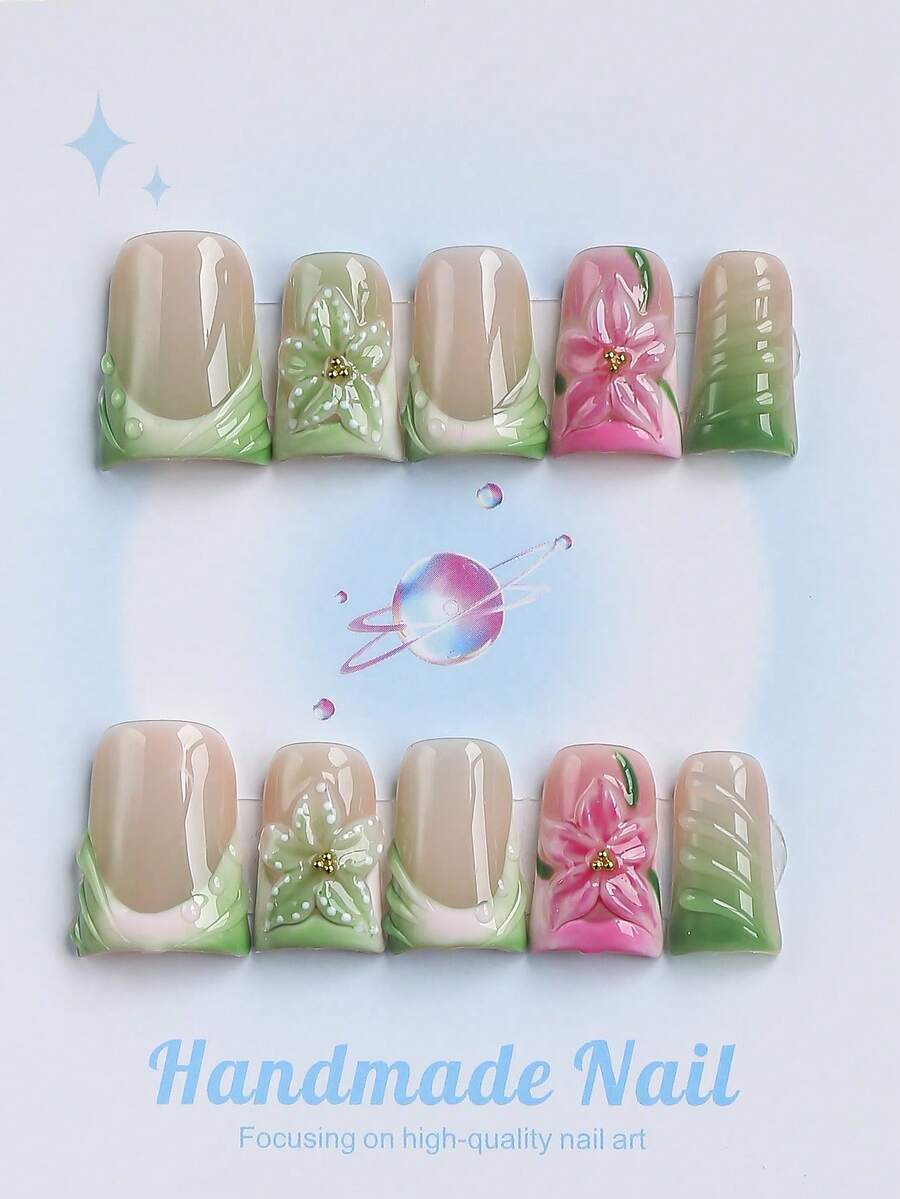 10PCS - Móng tay giả dán, hình vuông, 100% làm thủ công, phong cách Y2K, chất lượng bền, có thể tái sử dụng. Màu vàng, phong cách Pháp, hiệu ứng 3D. Phù hợp để đeo hàng ngày, tiệc tùng, và cũng là món quà lễ tuyệt vời nhất cho các cô gái và phụ nữ. - màu xanh lá - Xem 1
