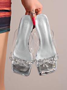 Mules rétro françaises à bout ouvert, sandales d'été à enfiler, talons hauts à talon épais - Argent - Voir 5
