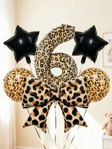6pcs 40-Inch Number Balloon Set, Large Leopard Print Bow Foil Balloons, 18-Inch Leopard Print Round Balloons, Star Balloons, Large 0-9 Number Balloons, Suitable For Birthday Party, Animal Theme Party, Baby Shower Decoration - Multicolor - View 6