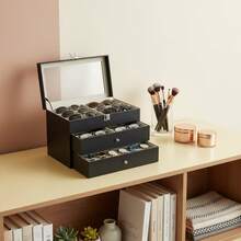 24-Compartment Organizer Box For Watches And Glasses, Display Box, 24-Compartment Watch & Glasses Storage, 12 Watch Slots, 12 Glasses Slots, 3-Tier PU Glass Organizer - Black - View 4