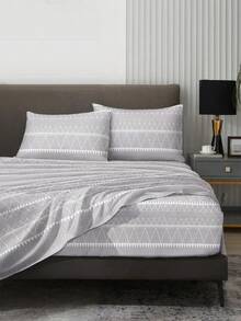 4pcs/Set Grey Boho Geometric Stripes Pattern Sheet Set Easy Care Microfiber Soft Bedding Set Floral Fitted Sheet Set (1pc Flat Sheet+1pc Fitted Sheet+2pcs Pillowcases)Fitted Sheet Set King Queen Full TWIN SIZE Sheet Deep Pocket Up To 11.8 Inch Pillowcase, Soft Breathable Wrinkle-Free Better For Sleep, Luxury Hotel Style, Gift For Mom Dad Friend - Grey - View 2