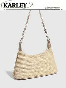 New Fashion Chain Straw Woven Bag, Bohemian Style Braided Baguette Shoulder Bag Suitable For Casual, Holiday, Shopping, Straw Bag - Beige - View 7