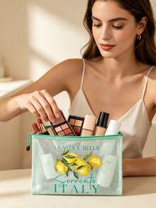 1個索倫托義大利檸檬印花透明PVC化妝包，防水盥洗包附「生活是美好的」文字，橘色滾邊便攜式化妝收納袋，大容量透明旅行盥洗包 - 彩色 - 查看 9