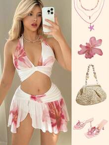 Conjunto de top corto halter con estampado floral y minifalda de cintura baja con estampado floral para mujer, estilo Y2K para salir de vacaciones, conjunto de ropa para Hawái o Ibiza - Multicolor 2 - Ver 1