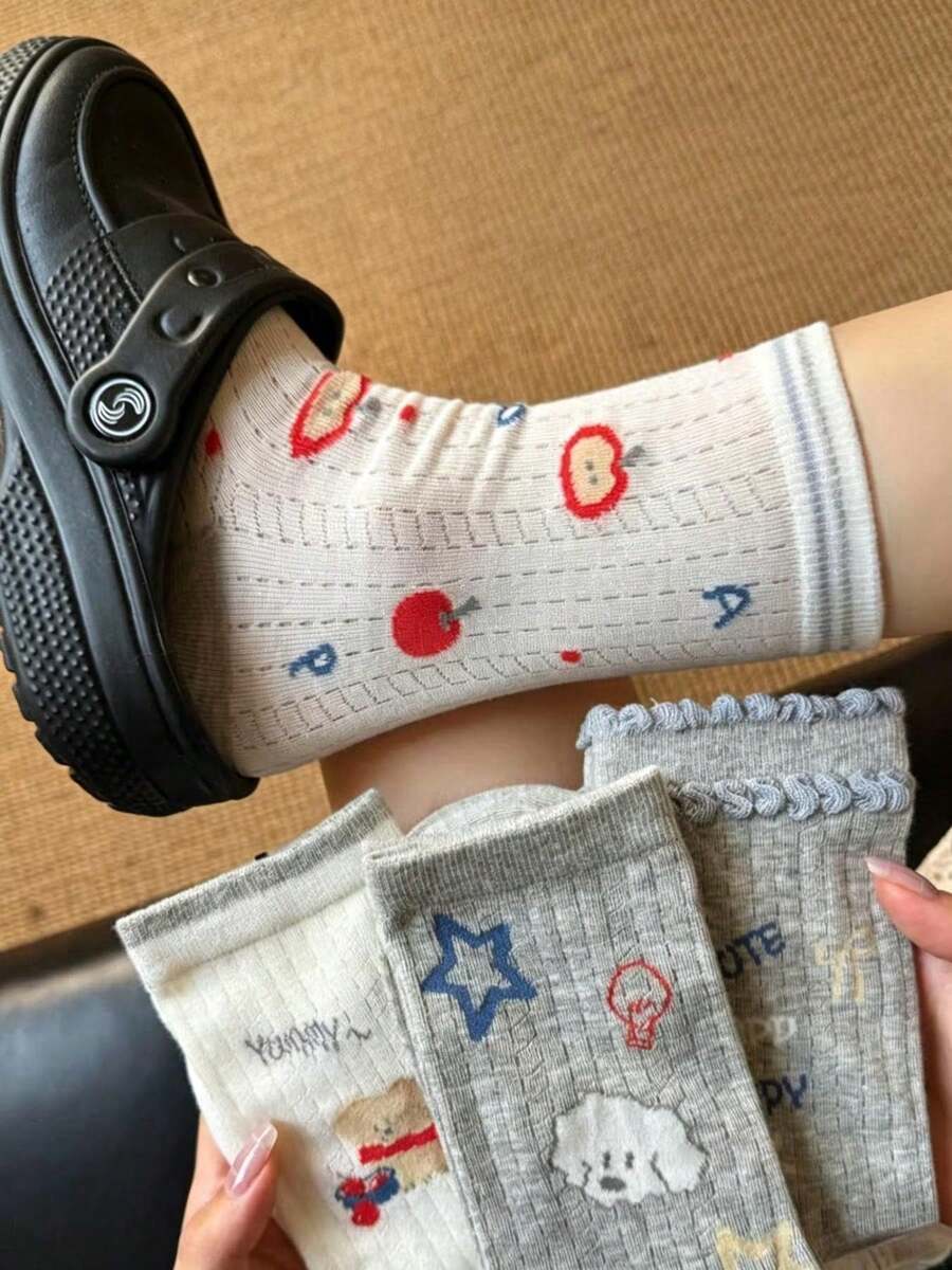 4 Pairs Cute Cartoon Printed Mid-Calf Socks, Soft & Breathable Apple & Puppy Pattern, Suitable For Daily Wear And School - Multicolor - View 1